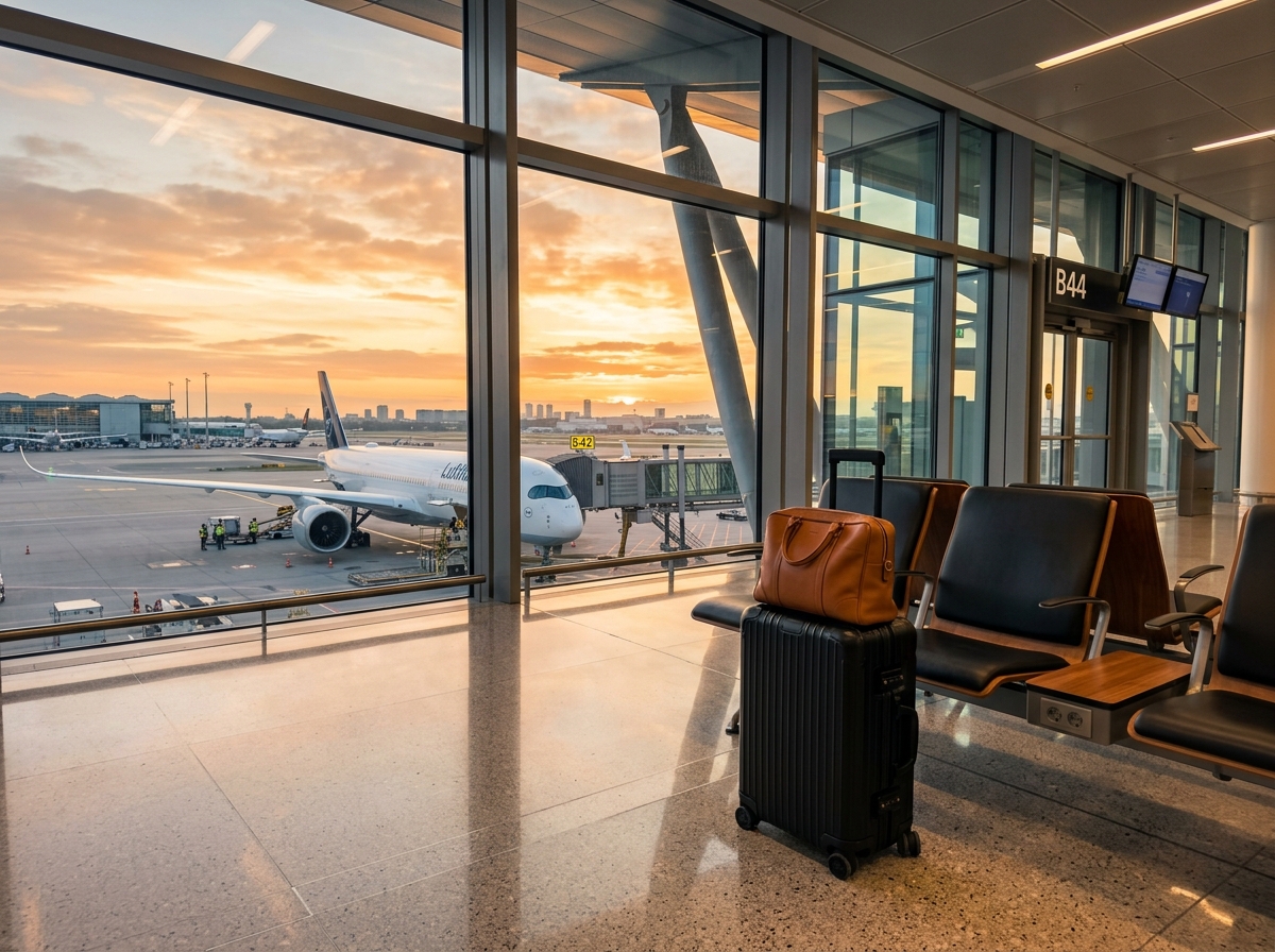Airport terminal lounge with luggage and plane outside at sunset